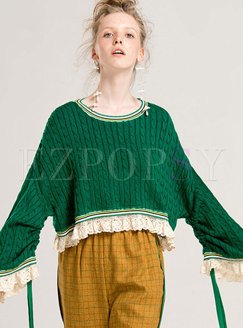 O-neck Flare Sleeve Patchwork Lace Sweater