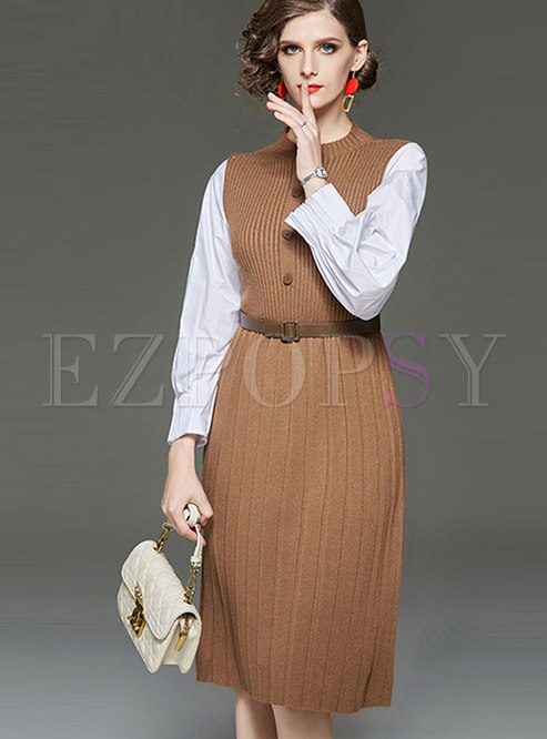 Patchwork Color-blocked Sweater Dress With Belt