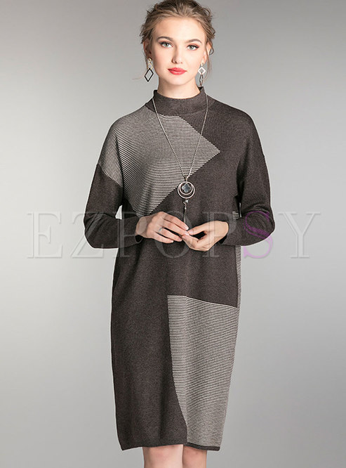 Stand Collar Color-blocked Loose Sweater Dress