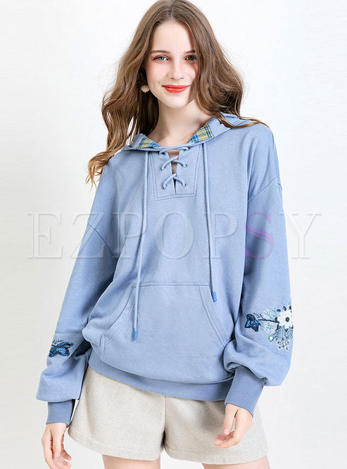 Tops | Hoodies & Sweatshirts | Blue Lantern Sleeve Embroidered Loose Hoodie