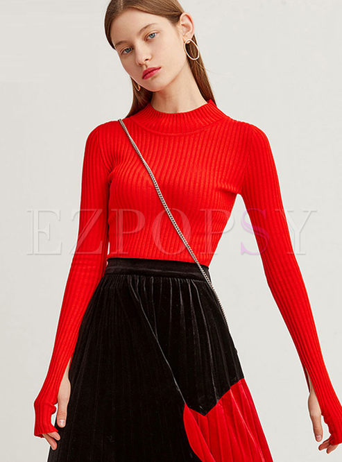 Red Long Sleeve Pullover Slim Sweater