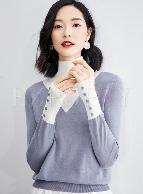High Collar Patchwork Color-blocked Sweater
