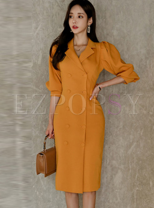 Notched Lantern Sleeve Double-breasted Bodycon Dress