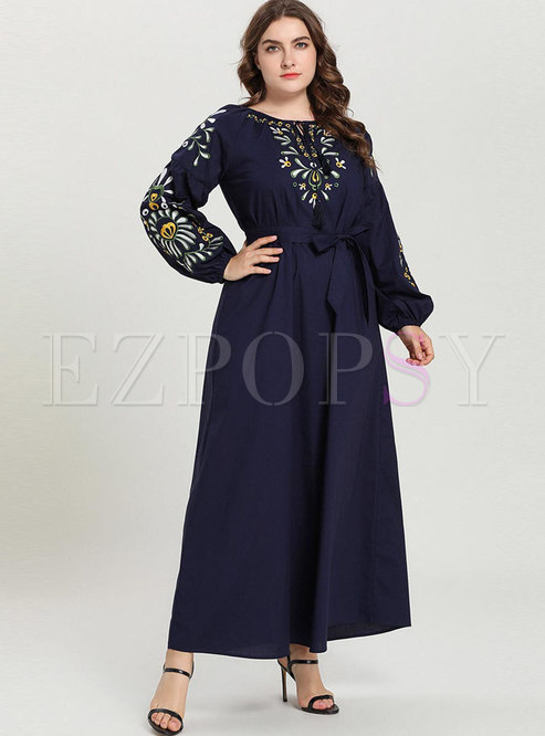 Plus Size High Waisted Embroidered A Line Maxi Dress