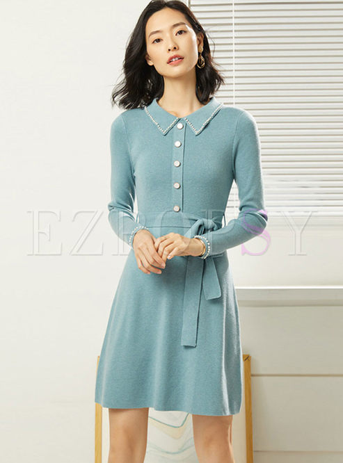 Solid Color Beads Waist Sweater Dress
