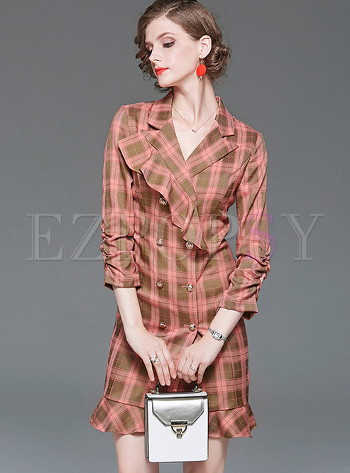 Notched Double-breasted Plaid Bodycon Dress