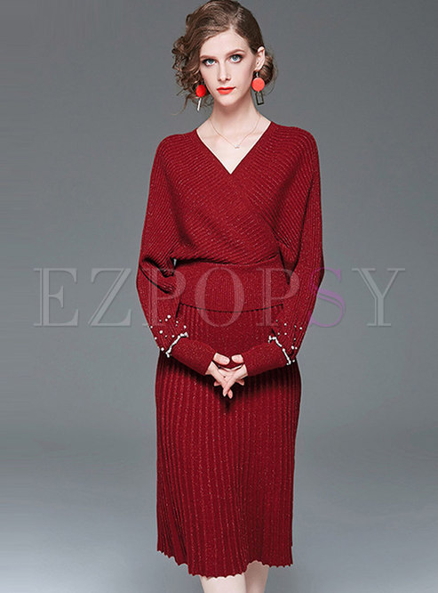 Casual Bat Sleeve Beading Knit Two Piece Dresses