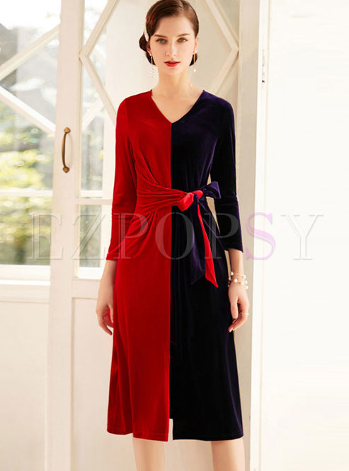 Color-blocked V-neck Long Sleeve Slim Dress