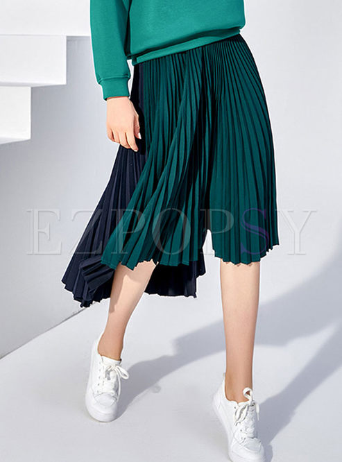 Solid Color Elastic Waist Pleated Skirt