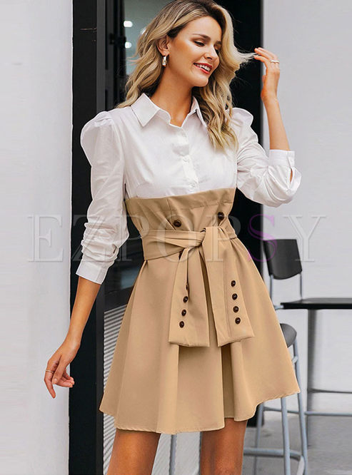 Casual Lapel Patchwork High Waisted Skater Dress