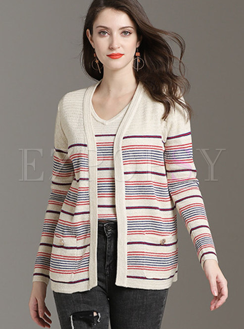 Casual Striped Color-blocked Zip-up Knit Coat