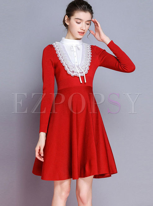Elegant Color-blocked A Line Sweater Dress