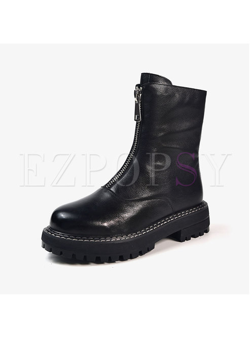 O-head Thick Bottom Leather Zipper Boots