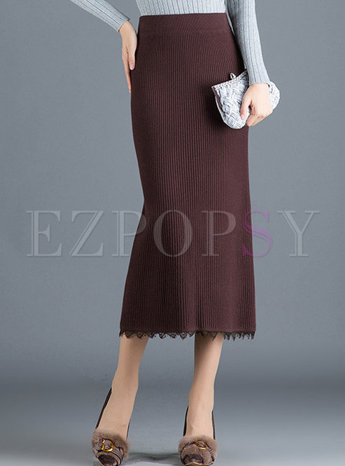 High Waisted Elastic Split Knit Skirt