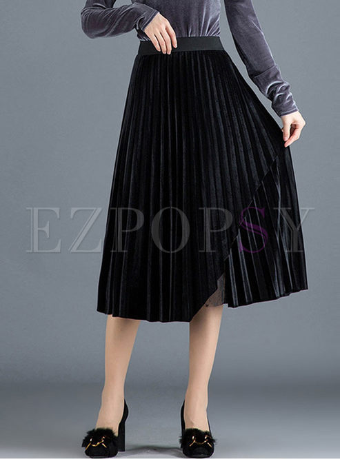 Elastic High Waisted Velvet Pleated Skirt