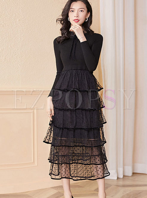 Black Ruffle Neck Knitted Patchwork Mesh Dress