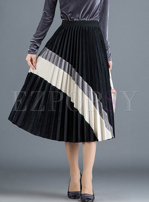 Color-blocked Elastic Waist Pleated Velvet Skirt