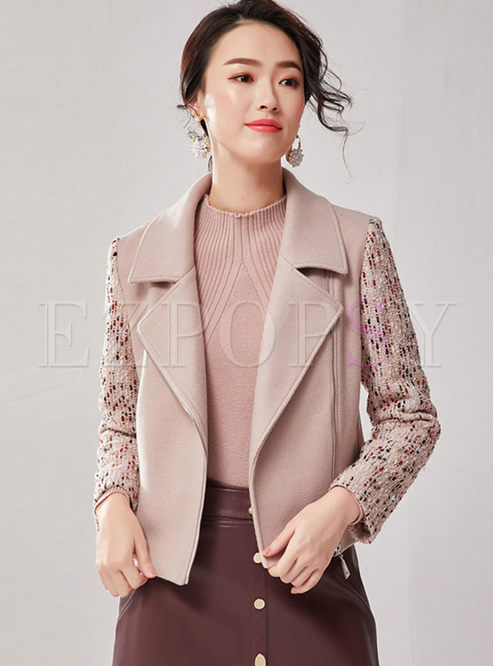 Pink Lapel Tweed Patchwork Short Coat