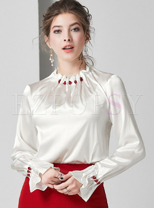 Tops | Blouses | Stand Collar Beading Pleated Silk Blouse