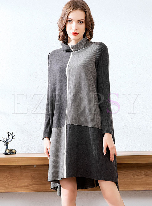 Turtleneck Color-blocked Patchwork Loose Sweater Dress 