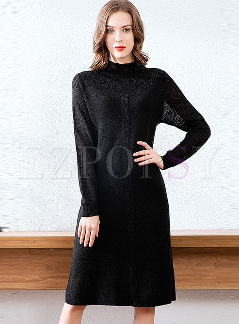 Black Stand Collar Patchwork A Line Sweater Dress