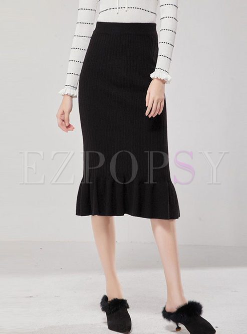 Black High Waisted Knitted Peplum Skirt