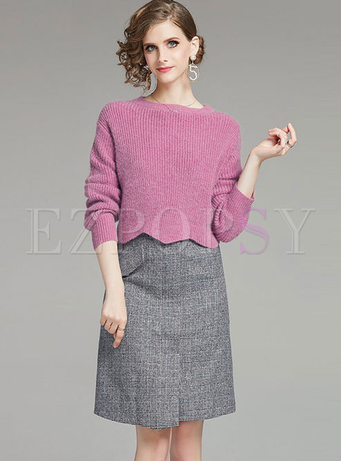 Pink Crew Neck Sweater Plaid Skirt Suits