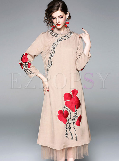 Dresses | Maxi Dresses | Mandarin Collar Embroidered Maxi Dress