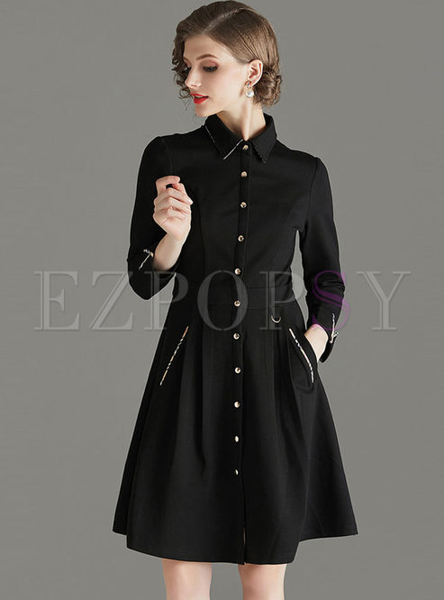 Lapel Work Skater Dress With Pockets