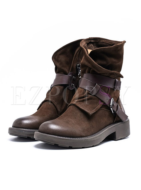 Round Head Leather Flat Martin Boots