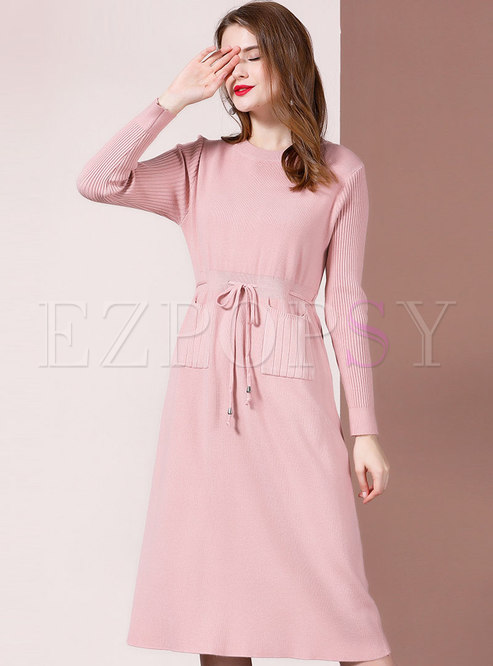 Solid Color A Line Sweater Dress With Drawcord