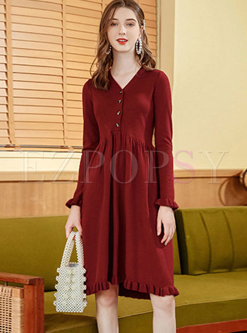 Red V-neck Long Sleeve Sweater Dress