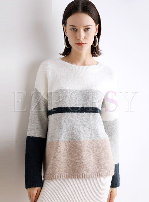 Crew Collar Color-blocked Loose Pullover Sweater