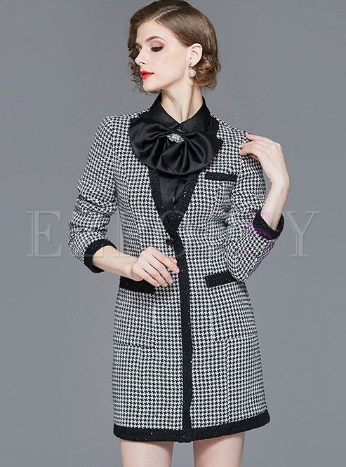 Stand Collar Bowknot Houndstooth Bodycon Dress 