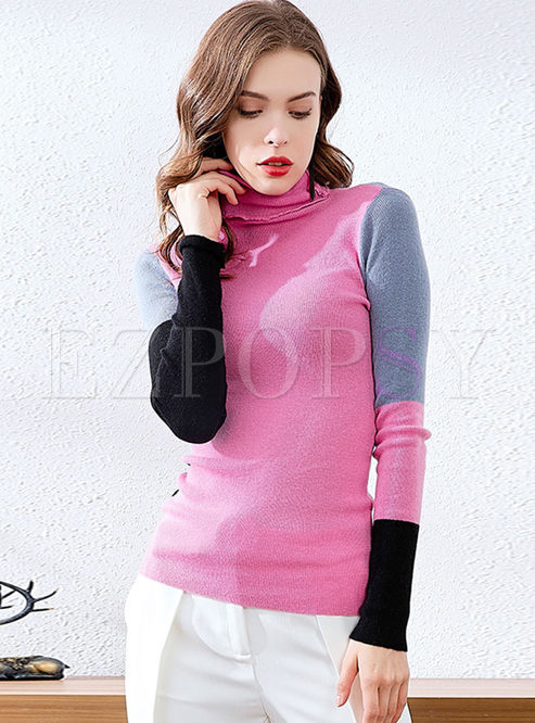 Color-blocked Turtleneck Slim Sweater