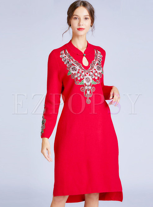 Red V-neck Embroidered Shift Dress 
