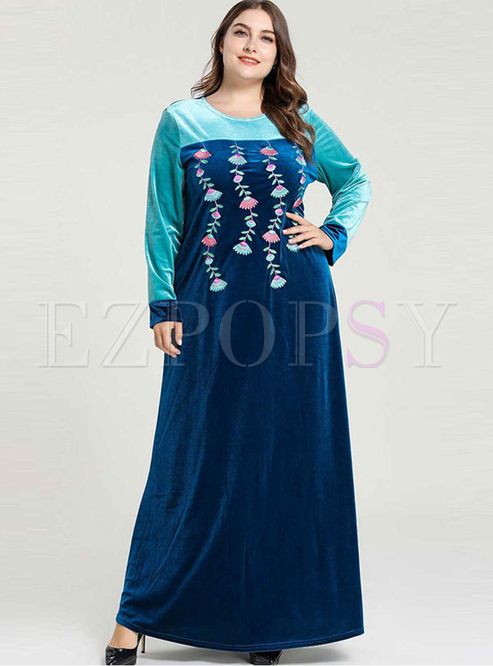 Long Sleeve Patchwork Embroidered Maxi Dress