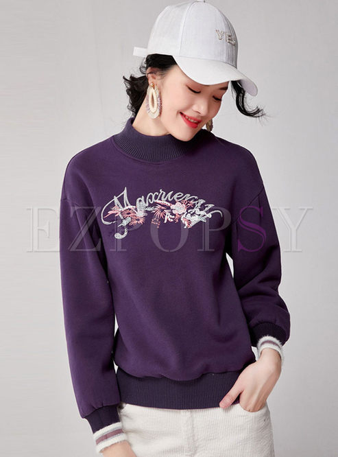 Download Tops | Hoodies & Sweatshirts | Mock Neck Letter Embroidered Sweatshirt