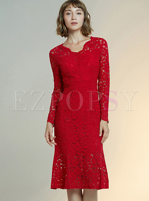 V-neck Lace Openwork Bodycon Fromal Dress
