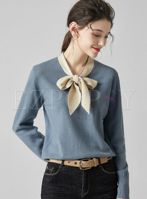Tie Color-blocked Slim Wool Sweater