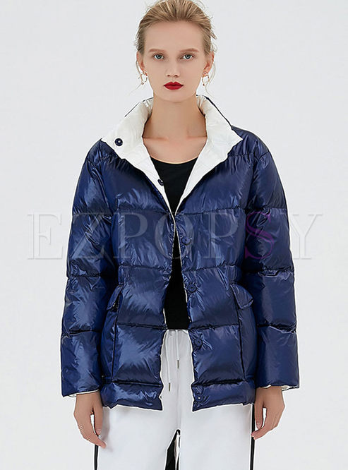 Stand Collar Loose Glossy Puffer Coat