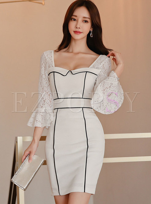 Flare Sleeve Lace Patchwork Backless Bodycon Dress