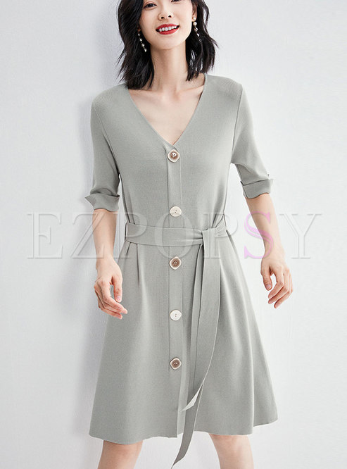 V-neck Single-breasted A Line Sweater Dress