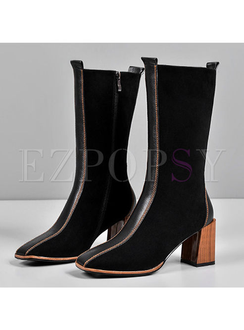 Square Neck Chunky Heel Mid Boots