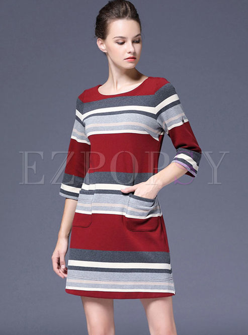 Dresses | Knitted Dresses | Crew Neck Striped Sweater Mini Dress