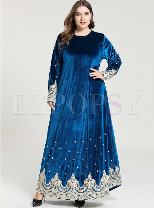 Plus Size Embroidered Beading A Line Maxi Dress