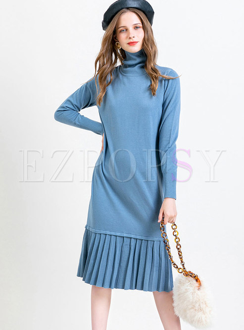 Turtleneck Patchwork Pleated Straight Sweater Dress