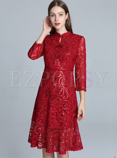 Dresses | Skater Dresses | Mandarin Collar Lace A Line Cocktail Dress