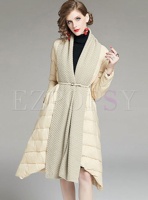 V-neck Sweater Patchwork A Line Puffer Coat