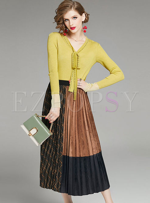 Long Sleeve Sweater Pleated Suit Dress